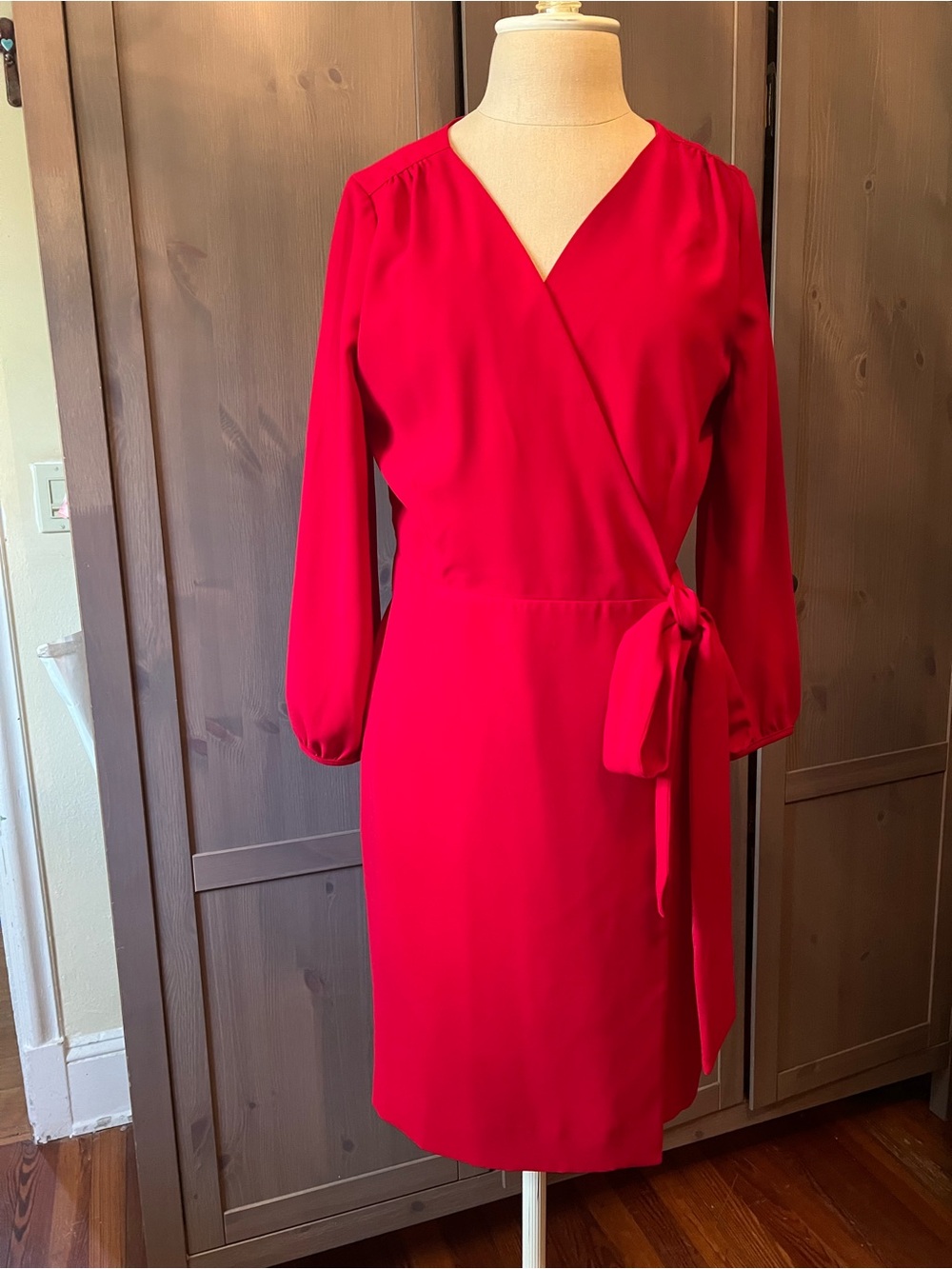 J. Crew Vibrant Red Long Sleeve Wrap Dress with Tie